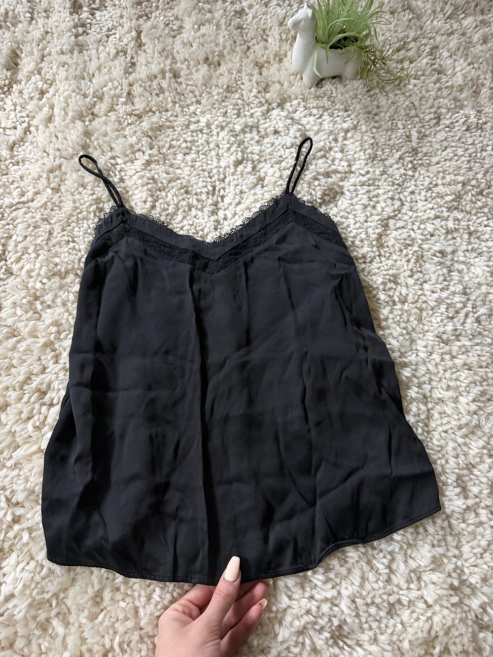 Massimo Dutti Black Lace-Trim Silk-Feel comfortable minimalist Camisole